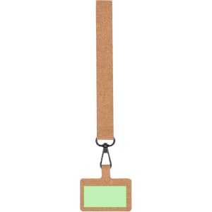 A cork holder bracelet in tan with a rectangular green ID tag and a metal clip for attachment.