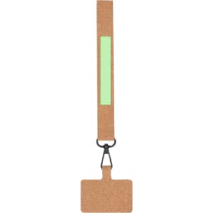 A cork phone holder bracelet with a green strip and a clip for attaching. The design is simple and functional.