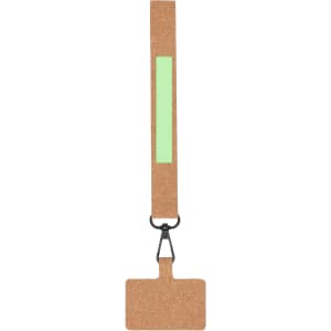 A cork holder bracelet in brown with a green reflective strip and a black clip at the end.