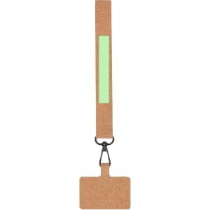 A cork holder bracelet in natural brown with a green accent and a clip for attaching to devices.