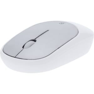 A white and silver wireless mouse with a sleek design and a scroll wheel on top, featuring a logo.