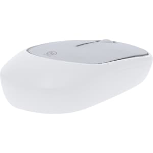 A wireless mouse in white and silver, featuring a sleek design and a smooth surface, includes branding.