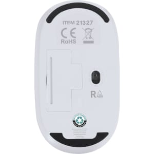 A white mouse with a textured underside and a circular logo on the back. Features an on/off switch.