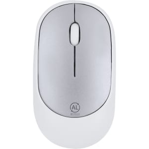 A white and silver wireless mouse featuring a sleek design and a logo on the bottom.