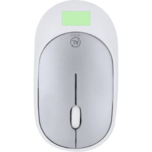 A grey and white wireless mouse featuring a scroll wheel and a small green area, with a logo on the surface.