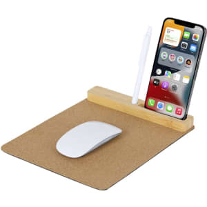 A multifunction mousepad featuring a cork surface, white mouse, bamboo phone holder, and a pen.