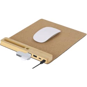 A multifunction mousepad in natural cork with a white mouse, featuring built-in ports and a sleek design.