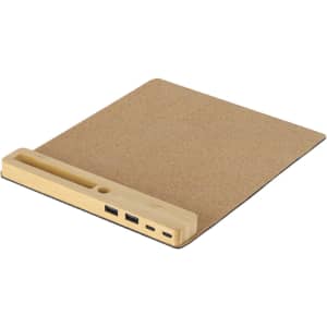 A multifunction mousepad in natural cork colour, featuring a wooden dock with USB ports.