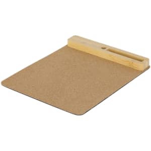 A cork mousepad with a wooden holder at the top, featuring a smooth surface and rounded edges.