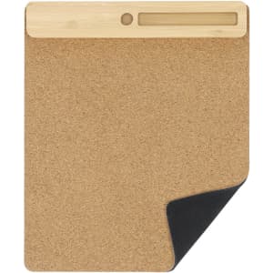A cork mousepad with a black rubber base and a wooden top section featuring a slot and logo.