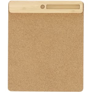 A cork mousepad with a wooden strip at the top, featuring a hole for easy handling.