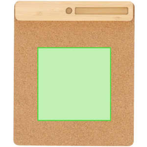 A cork mousepad with a green square area and a wooden top section. It features a branding logo.