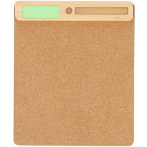 A cork mousepad with a wooden top section featuring a green area and a slot for holding items.
