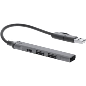 A grey USB hub featuring multiple ports and a connector cable. It has a simple, sleek design and a branding logo.