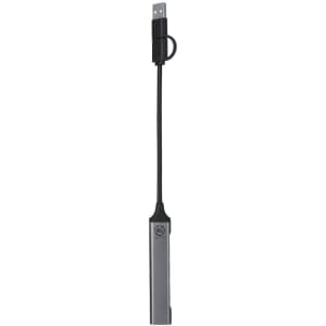 A grey USB hub with a flexible black connector and a branding emblem. Compact design for easy portability.