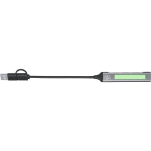 A USB hub in sleek black and grey design with a connector cable extending from one end. It features a logo.