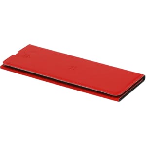 A red wireless charger mousepad with a sleek design and a logo on the surface.