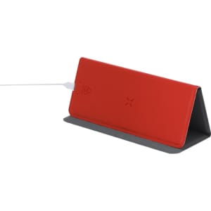 A red wireless charger mousepad with a black base, featuring a logo on the surface and a charging cable connected.