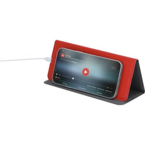 A wireless charger mousepad in black and red, designed to hold and charge a smartphone. It features a sleek, foldable design.