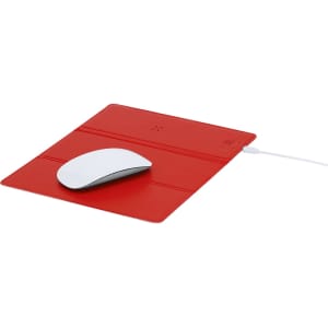 A red wireless charger mousepad with a white mouse placed on top, featuring a branded logo.