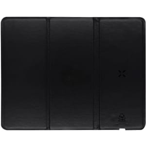 A black wireless charger mousepad with a sleek surface and a logo in one corner.