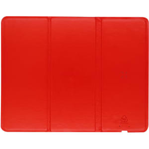 A red wireless charger mousepad with a smooth surface and a logo on one corner.