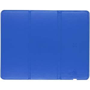A blue wireless charger mousepad with a smooth surface and an embedded logo in the corner.