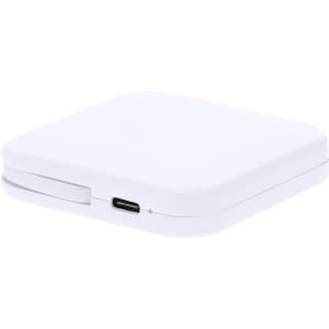 A white power bank with a sleek, square design and a USB-C port. It features a minimalistic style and branding.