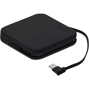 A rectangular black power bank with a built-in USB cable attached. It features a smooth, matte finish and a simple design.