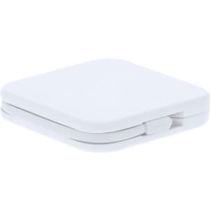 A white power bank with a sleek, compact design and an attached cable, featuring a simple logo.