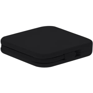 A black power bank with a sleek, square design and a minimalistic appearance. It features a logo on the surface.