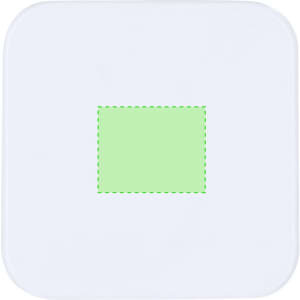 A square power bank in white, featuring a green rectangular section in the centre and a logo design.