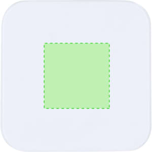 A square power bank in white with a green highlighted square area. It features a subtle logo.