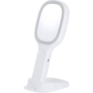 A multifunction mirror in white with a stable base and an integrated handle, featuring a logo.