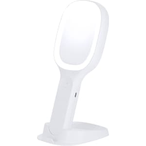 A white multifunctional mirror with a stand, featuring a sleek design and a logo on the base.