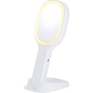 A multifunction mirror in white with a built-in light, featuring a sleek design and a stand.