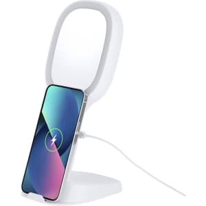A white multifunction mirror with a wireless phone charger, featuring a sleek modern design and a stable base.