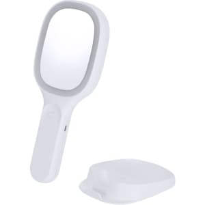 A white multifunction mirror with a handle and a detachable base, designed for wireless charging.