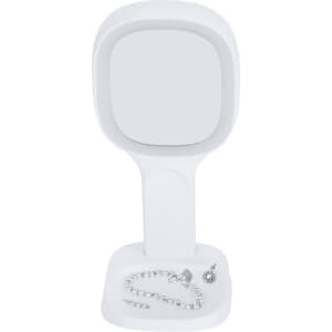 A white multifunction mirror with a square reflective surface, featuring a base with space for accessories.
