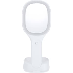 A multifunction mirror in white, featuring a sleek design and a built-in stand.