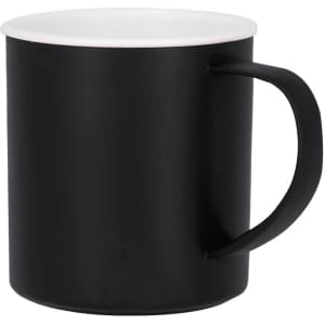A black coffee mug with a white lid and a sturdy handle. It features a simple, modern design and has a logo.