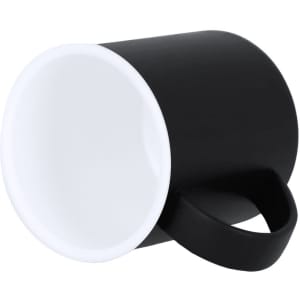 A coffee mug with a black exterior and a white interior, featuring a handle and a logo.