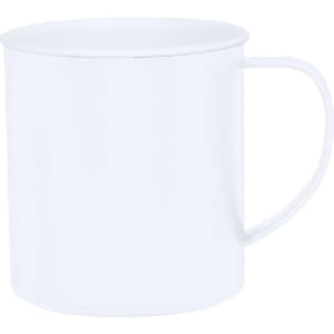 A white coffee mug with a straight cylindrical shape and a handle. It features a simple design and a lid.