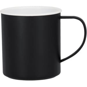 A coffee mug in black with a white rim, featuring a handle and a minimalist design. It has a logo on the side.