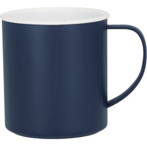 A coffee mug with a navy blue body and a white lid, featuring a handle and a smooth finish.