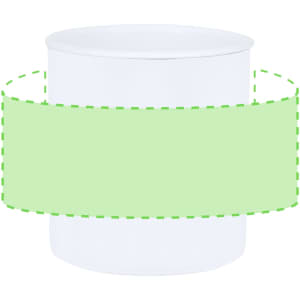 A coffee mug in white with a green decorative band around its centre. The mug features a logo.