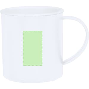 A white coffee mug with a handle, featuring a blank green rectangular area on the front.
