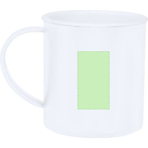 A white coffee mug with a simple handle and a blank green rectangle for design space.