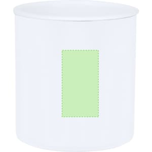 A white coffee mug featuring a blank green area for custom branding or design.