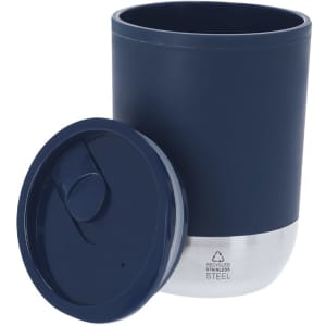 A drink bottle featuring a navy blue exterior and a stainless steel base, complete with a matching lid.